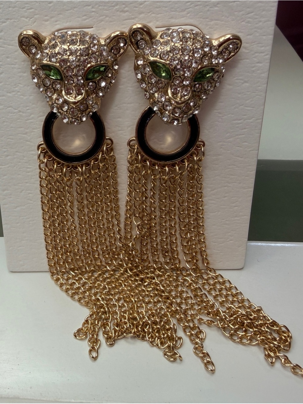 Gold Crystal Panther Tassel Earrings with Green Eyes
